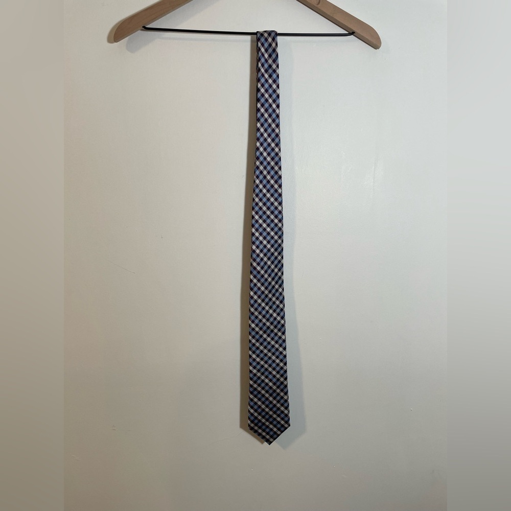 NWT Tommy Hilfiger 100% Silk Neck Tie Gingham Blue Brown White MSRP $65 New